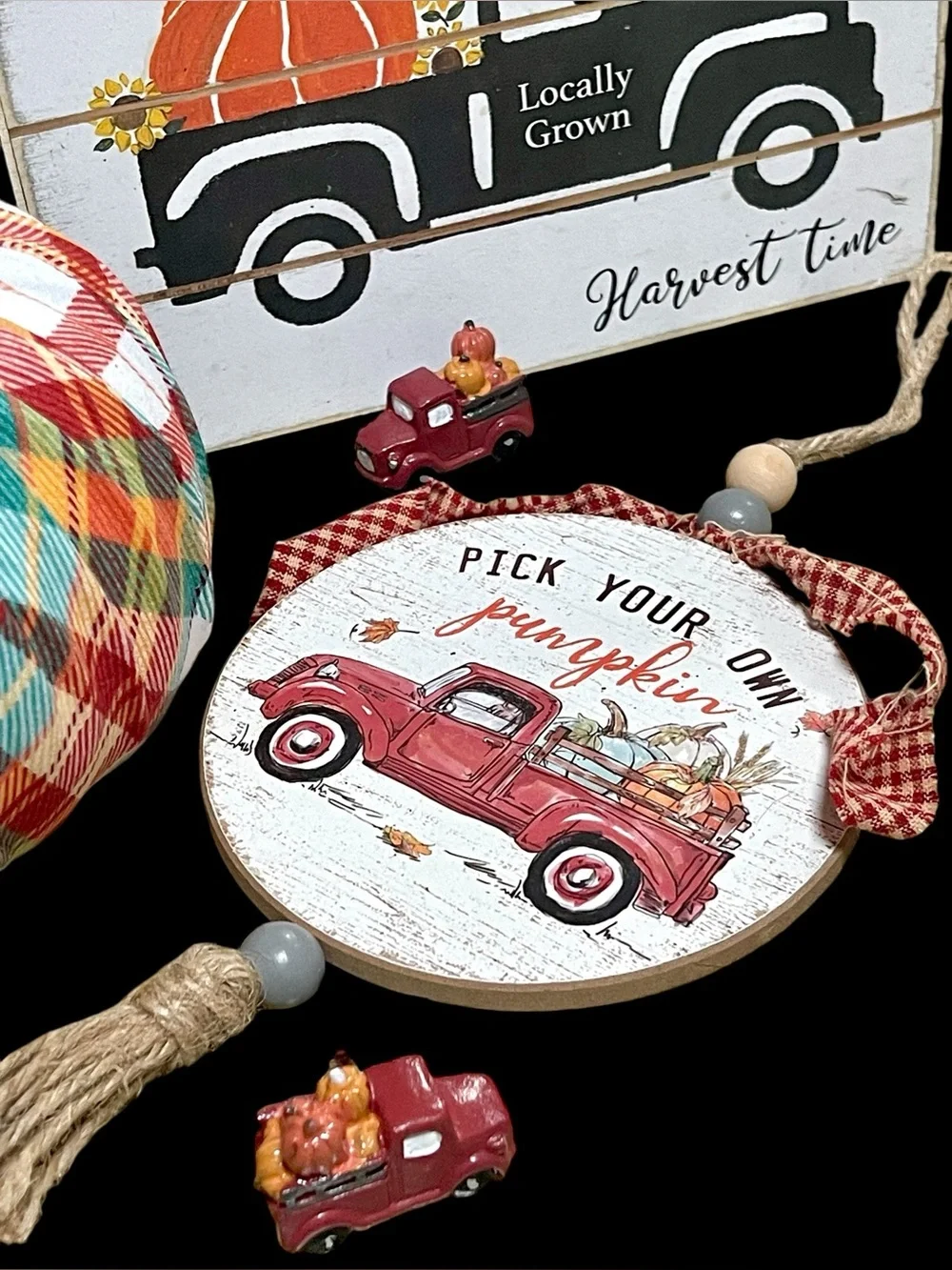 5 piece fall decoration bundle wooden sign plaid pumpkin red truck